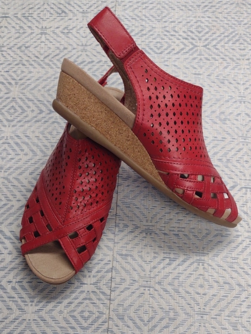 Earth Red Perforated Slingback Wedge Sandals Comfortable, Soft, Vacation,Casual.